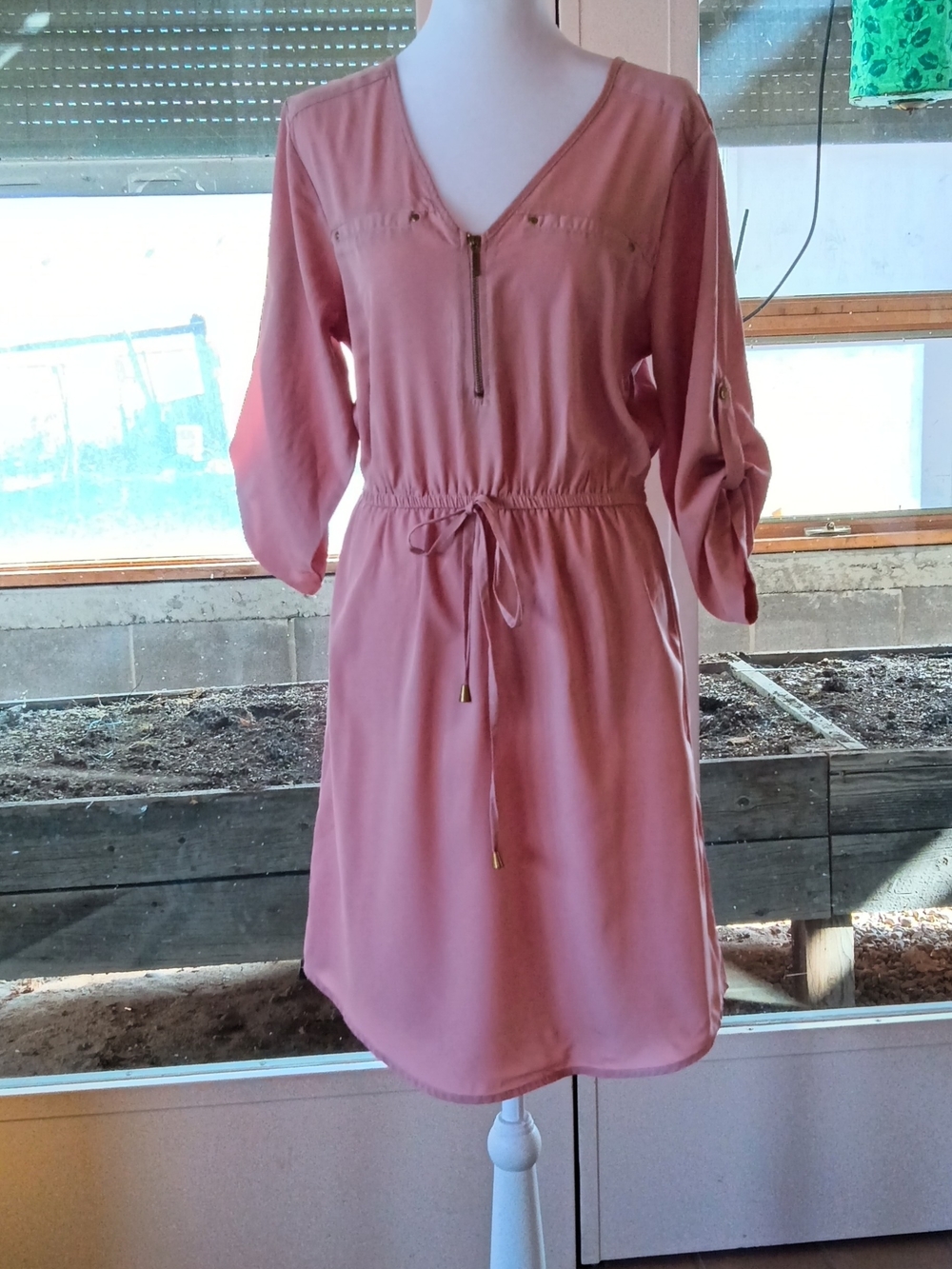 Women's Blush Pink Drawstring Midi Dress with Zip V-Neck